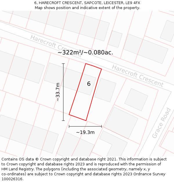 6, HARECROFT CRESCENT, SAPCOTE, LEICESTER, LE9 4FX: Plot and title map