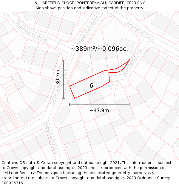 6, HAREFIELD CLOSE, PONTPRENNAU, CARDIFF, CF23 8NY: Plot and title map