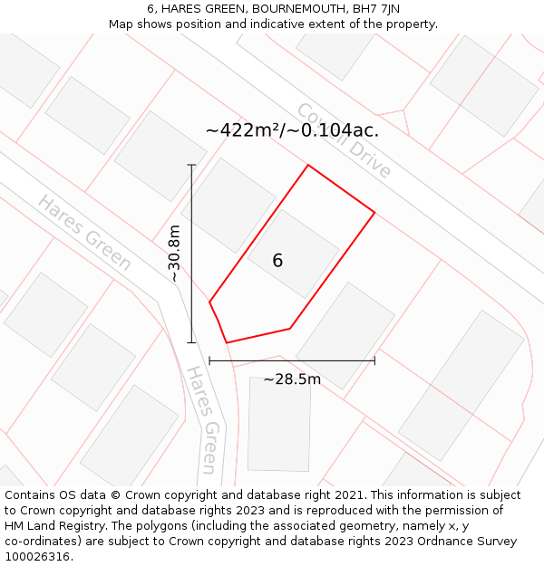6, HARES GREEN, BOURNEMOUTH, BH7 7JN: Plot and title map