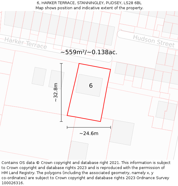 6, HARKER TERRACE, STANNINGLEY, PUDSEY, LS28 6BL: Plot and title map