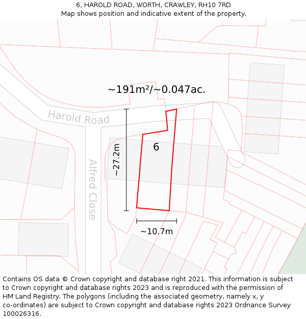 6, HAROLD ROAD, WORTH, CRAWLEY, RH10 7RD: Plot and title map