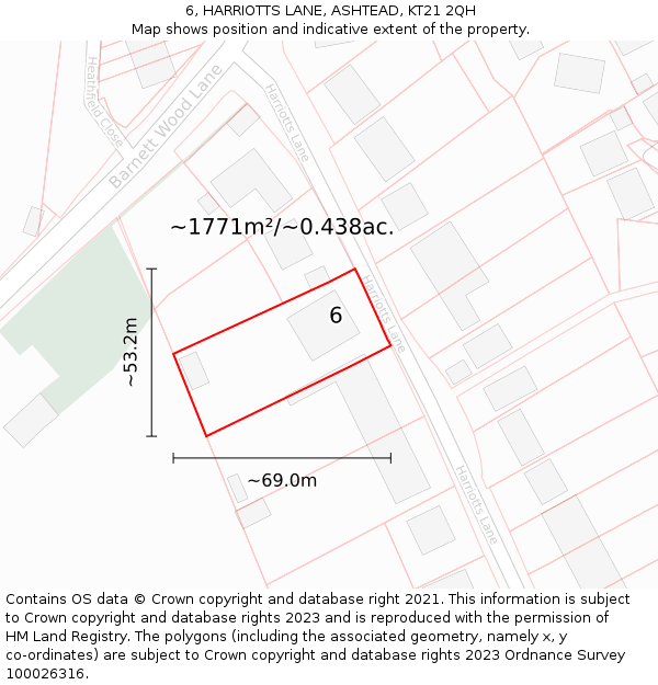 6, HARRIOTTS LANE, ASHTEAD, KT21 2QH: Plot and title map