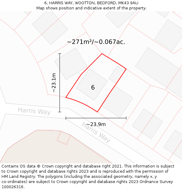 6, HARRIS WAY, WOOTTON, BEDFORD, MK43 9AU: Plot and title map