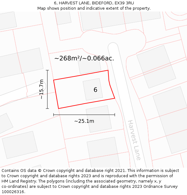 6, HARVEST LANE, BIDEFORD, EX39 3RU: Plot and title map
