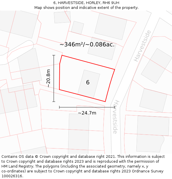6, HARVESTSIDE, HORLEY, RH6 9UH: Plot and title map