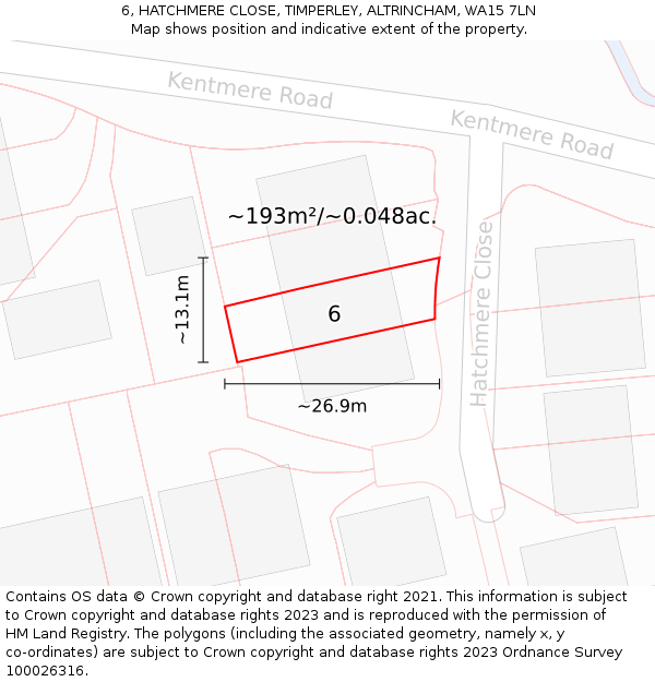 6, HATCHMERE CLOSE, TIMPERLEY, ALTRINCHAM, WA15 7LN: Plot and title map