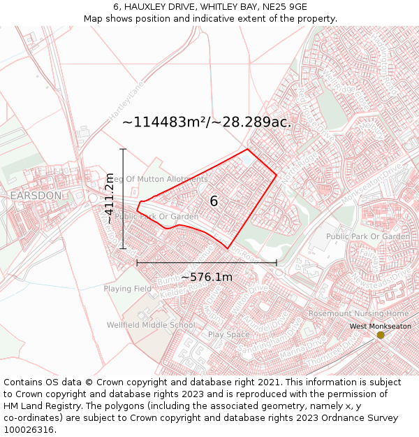 6, HAUXLEY DRIVE, WHITLEY BAY, NE25 9GE: Plot and title map