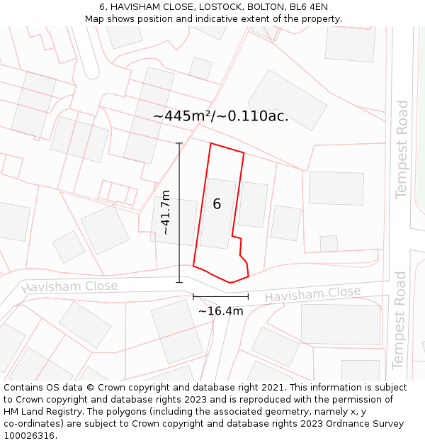 6, HAVISHAM CLOSE, LOSTOCK, BOLTON, BL6 4EN: Plot and title map