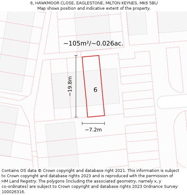 6, HAWKMOOR CLOSE, EAGLESTONE, MILTON KEYNES, MK6 5BU: Plot and title map