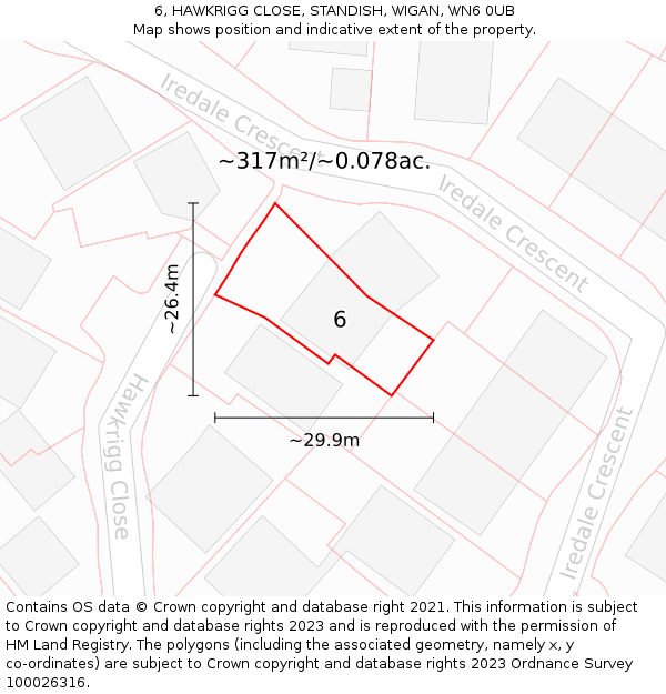 6, HAWKRIGG CLOSE, STANDISH, WIGAN, WN6 0UB: Plot and title map