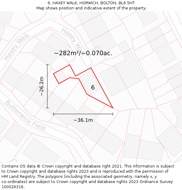 6, HAXEY WALK, HORWICH, BOLTON, BL6 5HT: Plot and title map