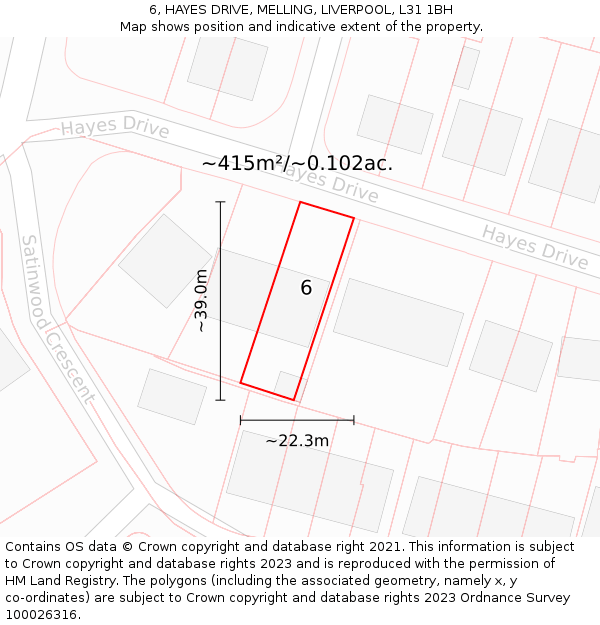 6, HAYES DRIVE, MELLING, LIVERPOOL, L31 1BH: Plot and title map