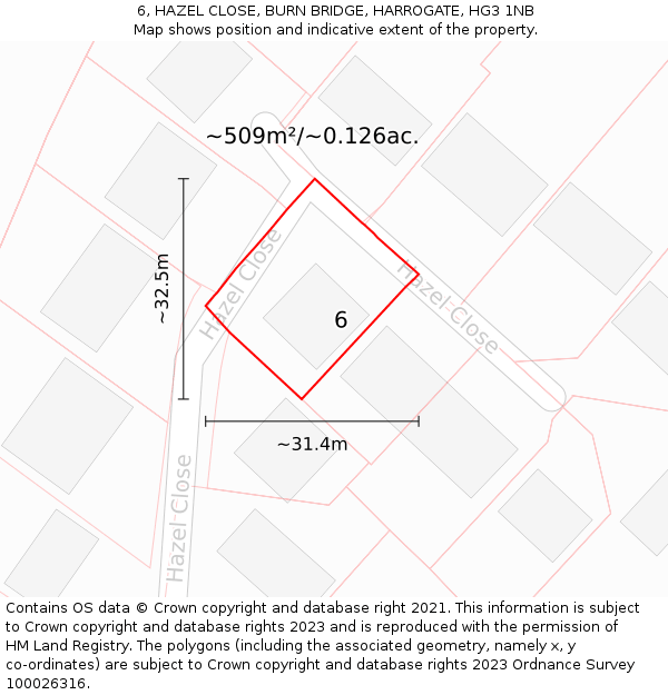 6, HAZEL CLOSE, BURN BRIDGE, HARROGATE, HG3 1NB: Plot and title map