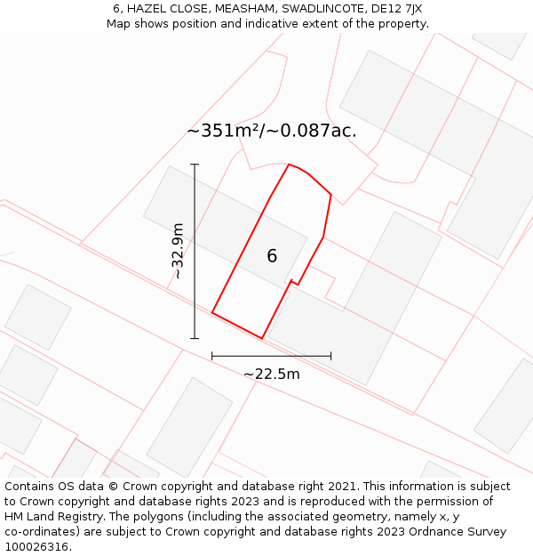 6, HAZEL CLOSE, MEASHAM, SWADLINCOTE, DE12 7JX: Plot and title map