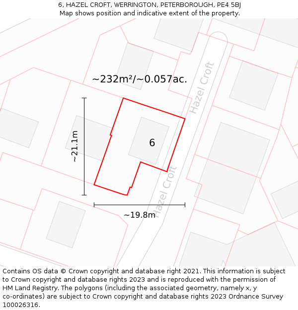 6, HAZEL CROFT, WERRINGTON, PETERBOROUGH, PE4 5BJ: Plot and title map