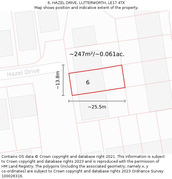 6, HAZEL DRIVE, LUTTERWORTH, LE17 4TX: Plot and title map