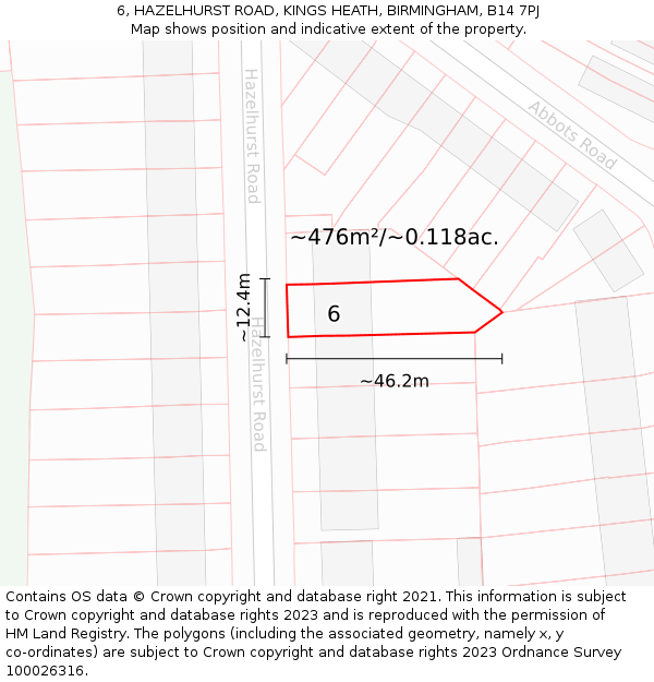 6, HAZELHURST ROAD, KINGS HEATH, BIRMINGHAM, B14 7PJ: Plot and title map