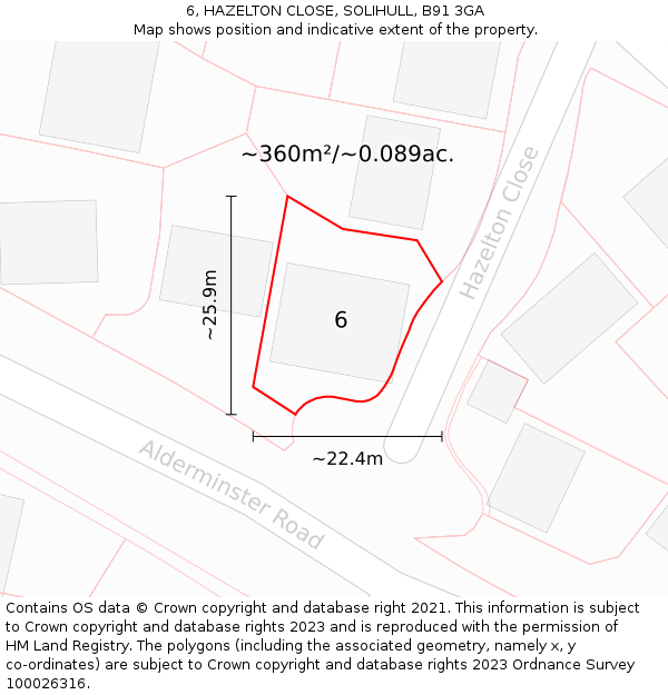 6, HAZELTON CLOSE, SOLIHULL, B91 3GA: Plot and title map