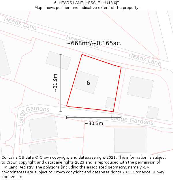 6, HEADS LANE, HESSLE, HU13 0JT: Plot and title map