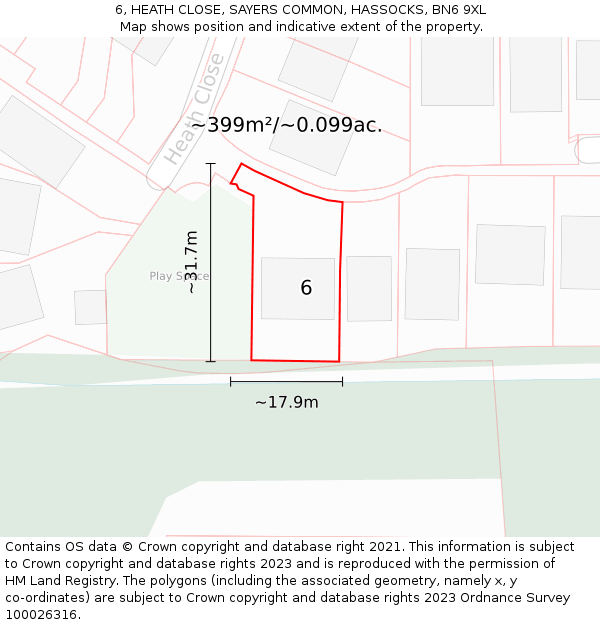 6, HEATH CLOSE, SAYERS COMMON, HASSOCKS, BN6 9XL: Plot and title map
