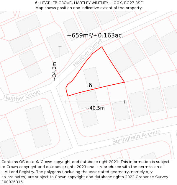 6, HEATHER GROVE, HARTLEY WINTNEY, HOOK, RG27 8SE: Plot and title map