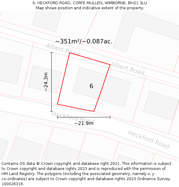 6, HECKFORD ROAD, CORFE MULLEN, WIMBORNE, BH21 3LU: Plot and title map