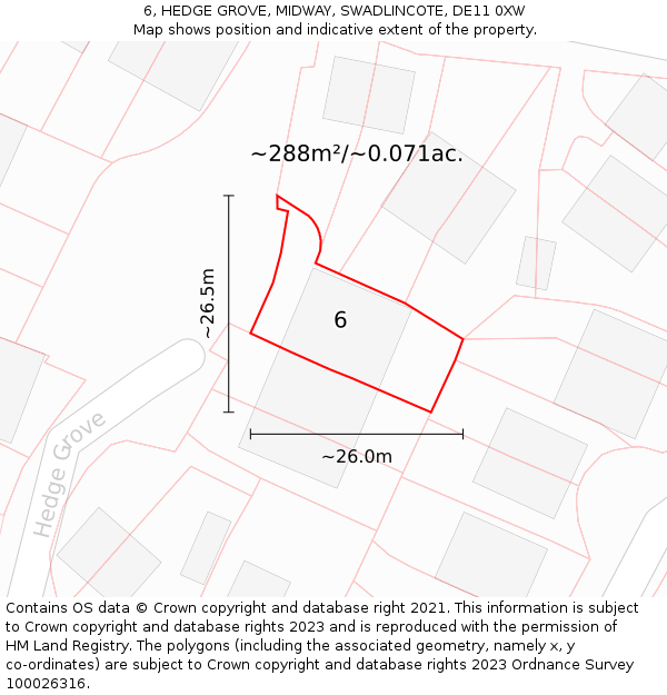 6, HEDGE GROVE, MIDWAY, SWADLINCOTE, DE11 0XW: Plot and title map