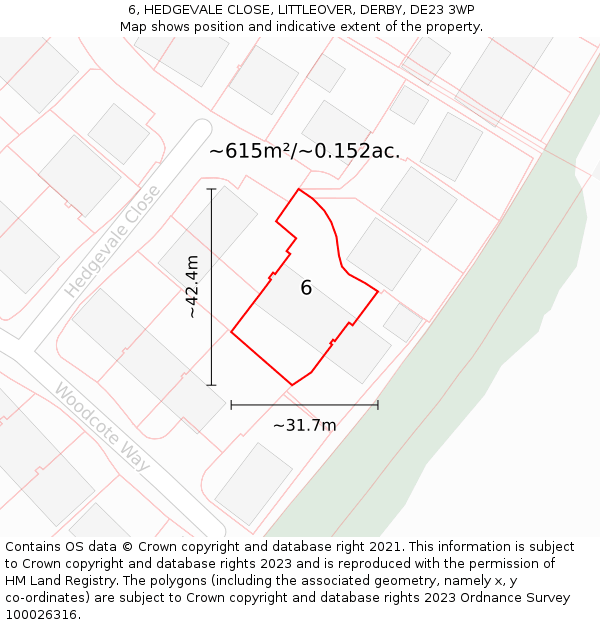 6, HEDGEVALE CLOSE, LITTLEOVER, DERBY, DE23 3WP: Plot and title map
