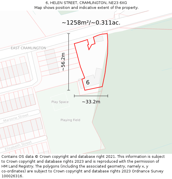 6, HELEN STREET, CRAMLINGTON, NE23 6XG: Plot and title map
