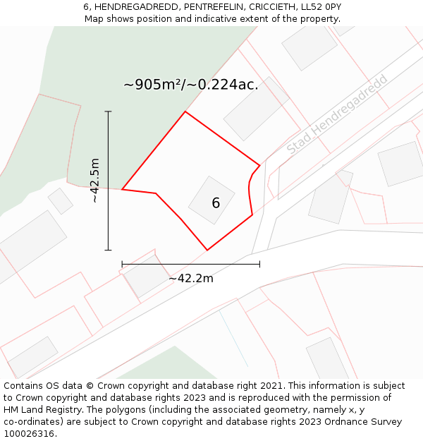 6, HENDREGADREDD, PENTREFELIN, CRICCIETH, LL52 0PY: Plot and title map