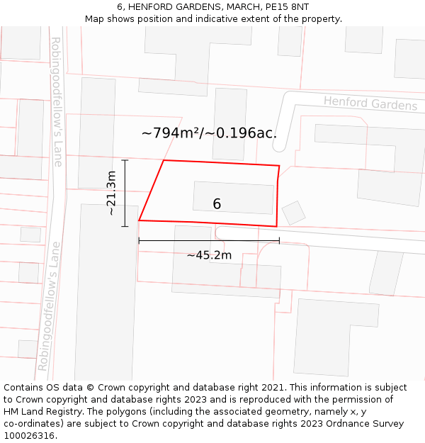 6, HENFORD GARDENS, MARCH, PE15 8NT: Plot and title map