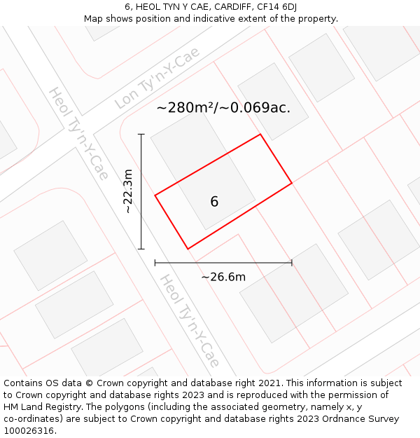 6, HEOL TYN Y CAE, CARDIFF, CF14 6DJ: Plot and title map
