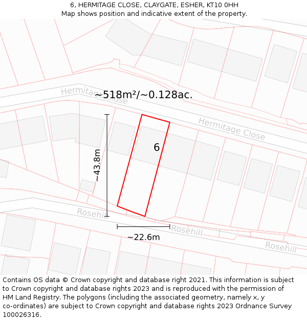 6, HERMITAGE CLOSE, CLAYGATE, ESHER, KT10 0HH: Plot and title map
