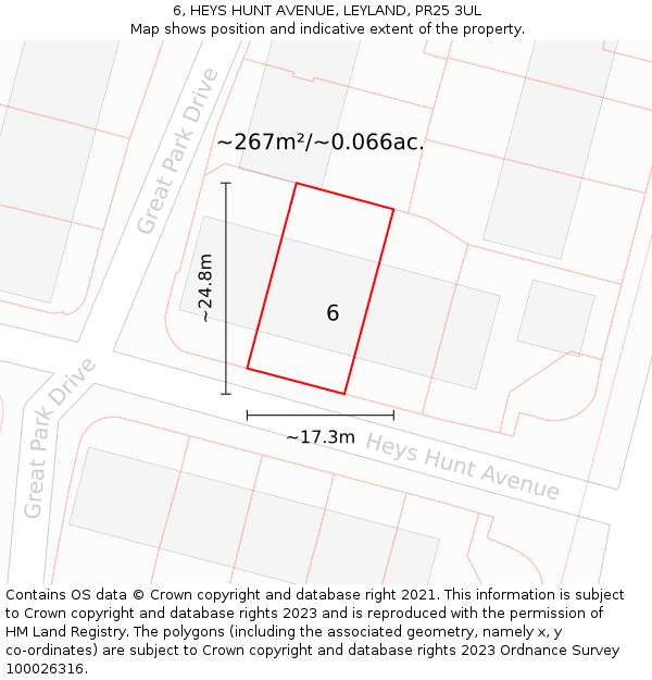 6, HEYS HUNT AVENUE, LEYLAND, PR25 3UL: Plot and title map