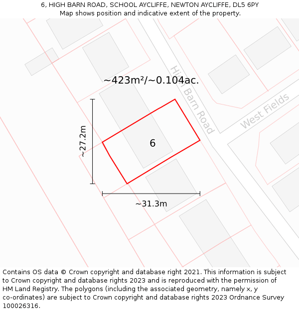 6, HIGH BARN ROAD, SCHOOL AYCLIFFE, NEWTON AYCLIFFE, DL5 6PY: Plot and title map
