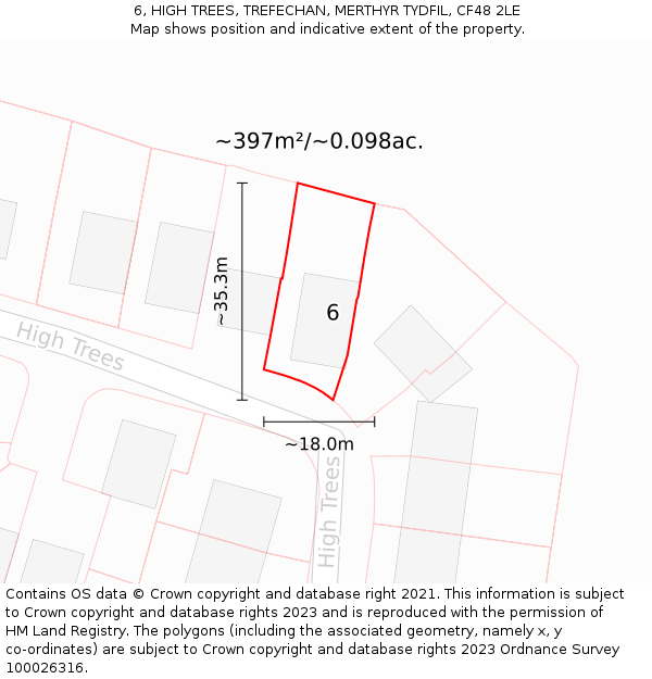 6, HIGH TREES, TREFECHAN, MERTHYR TYDFIL, CF48 2LE: Plot and title map