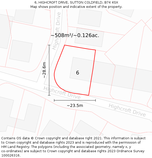 6, HIGHCROFT DRIVE, SUTTON COLDFIELD, B74 4SX: Plot and title map