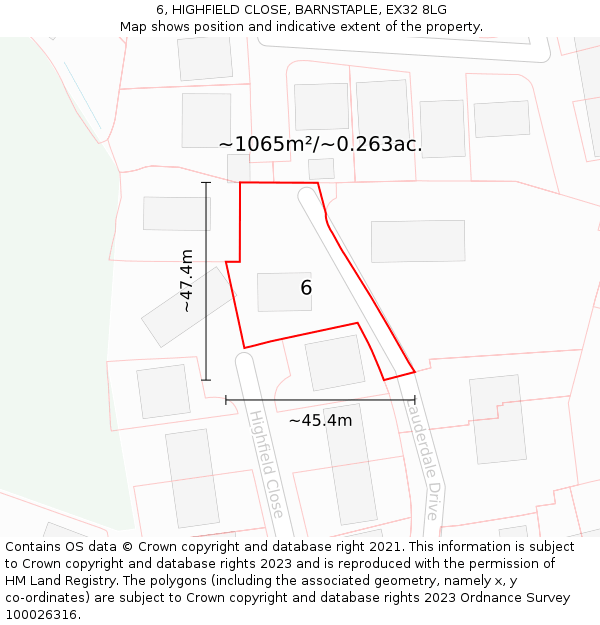 6, HIGHFIELD CLOSE, BARNSTAPLE, EX32 8LG: Plot and title map