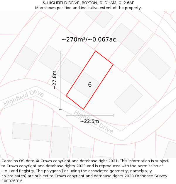 6, HIGHFIELD DRIVE, ROYTON, OLDHAM, OL2 6AF: Plot and title map