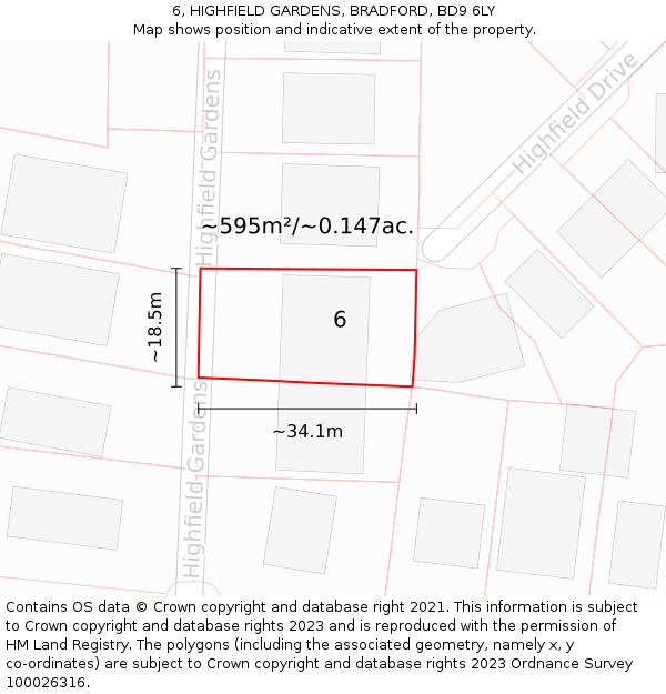 6, HIGHFIELD GARDENS, BRADFORD, BD9 6LY: Plot and title map