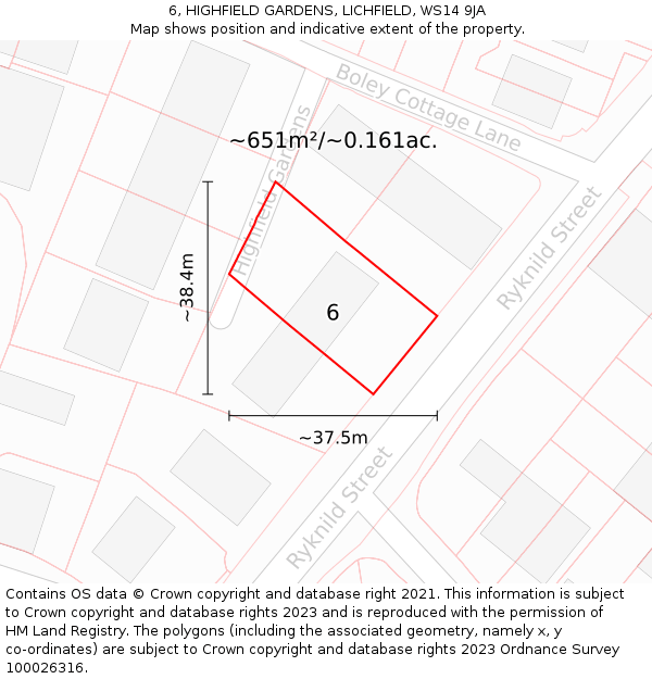 6, HIGHFIELD GARDENS, LICHFIELD, WS14 9JA: Plot and title map