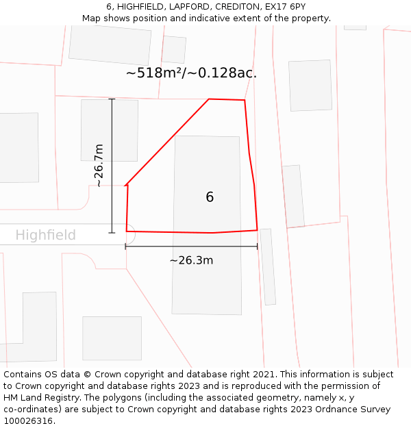 6, HIGHFIELD, LAPFORD, CREDITON, EX17 6PY: Plot and title map