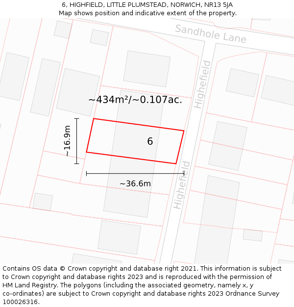 6, HIGHFIELD, LITTLE PLUMSTEAD, NORWICH, NR13 5JA: Plot and title map
