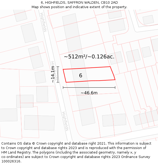 6, HIGHFIELDS, SAFFRON WALDEN, CB10 2AD: Plot and title map