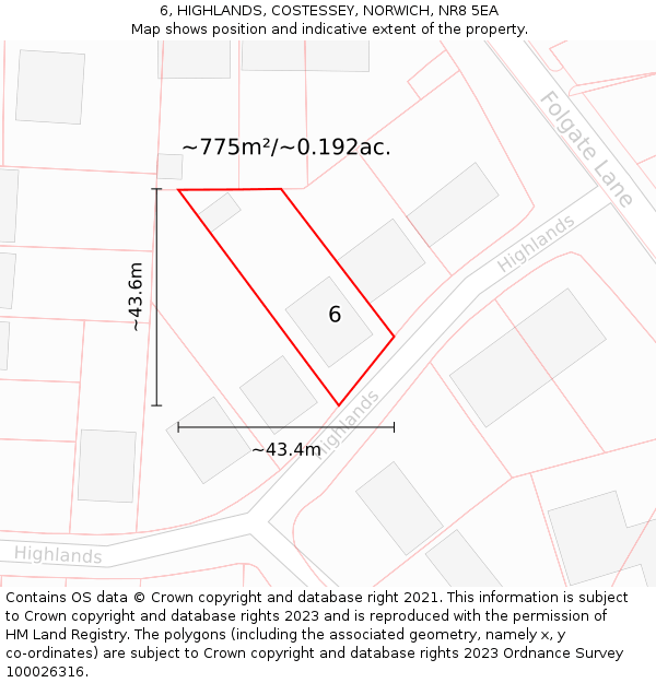 6, HIGHLANDS, COSTESSEY, NORWICH, NR8 5EA: Plot and title map