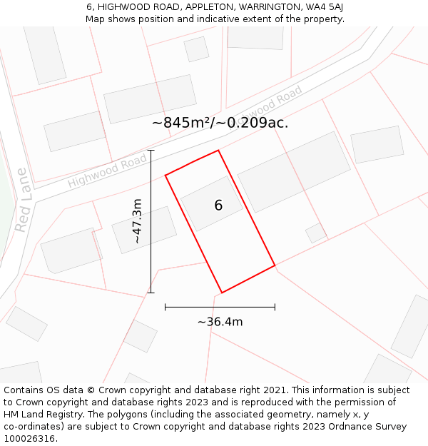 6, HIGHWOOD ROAD, APPLETON, WARRINGTON, WA4 5AJ: Plot and title map