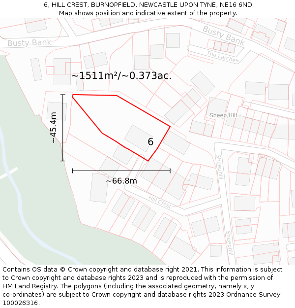 6, HILL CREST, BURNOPFIELD, NEWCASTLE UPON TYNE, NE16 6ND: Plot and title map