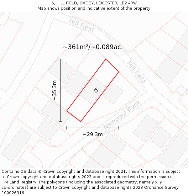 6, HILL FIELD, OADBY, LEICESTER, LE2 4RW: Plot and title map