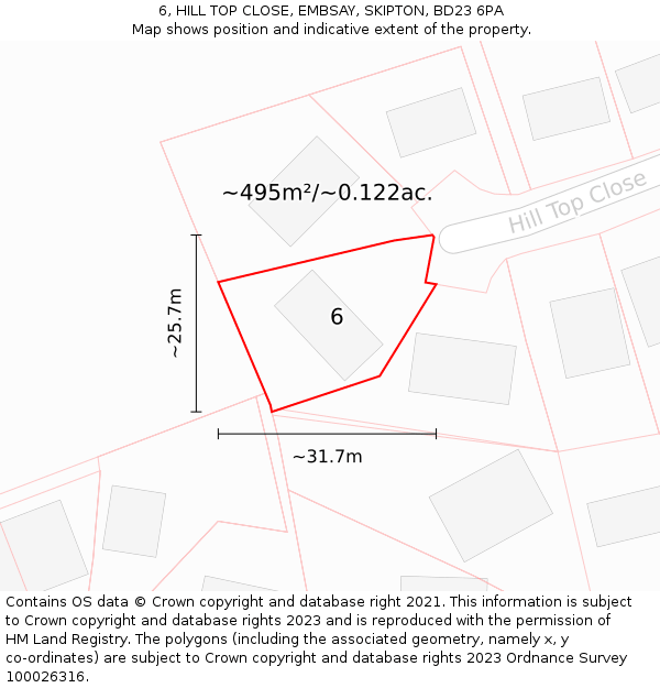 6, HILL TOP CLOSE, EMBSAY, SKIPTON, BD23 6PA: Plot and title map