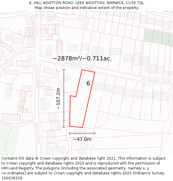 6, HILL WOOTTON ROAD, LEEK WOOTTON, WARWICK, CV35 7QL: Plot and title map